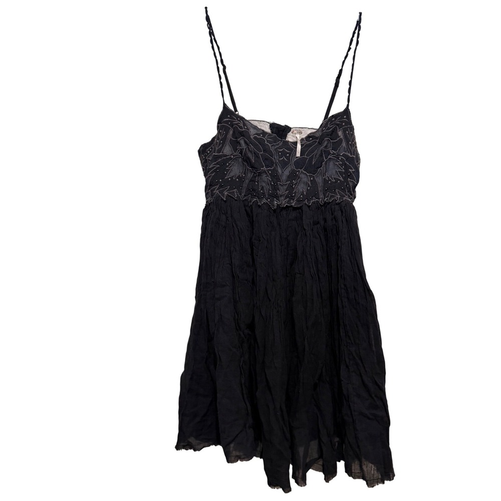 Free People Black Embroidered Beaded Gauze Mini Dress Boho Braided Straps XS